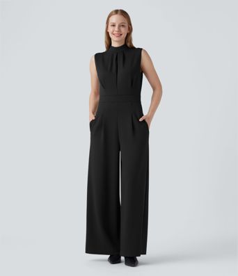 Mock-neck Zipper Sleeveless Work Wide Leg Jumpsuit with Pockets