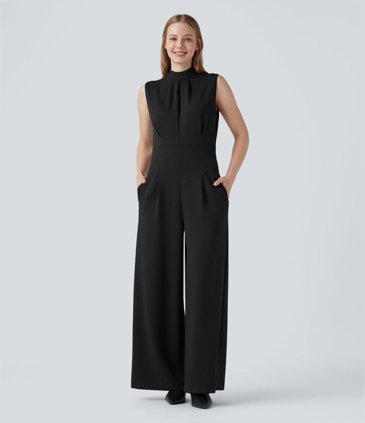 Mock-neck Zipper Sleeveless Work Wide Leg Jumpsuit with Pockets