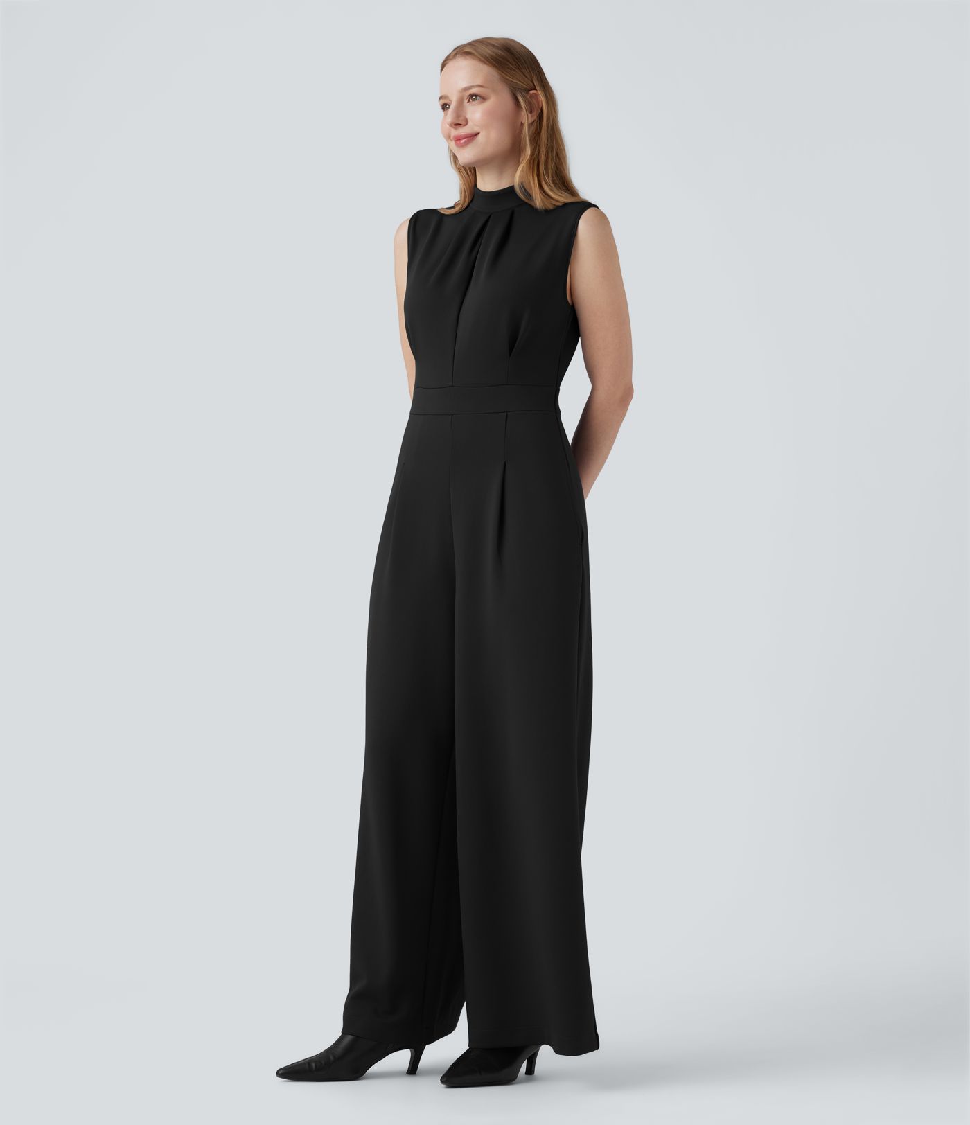 Mock-neck Zipper Sleeveless Work Wide Leg Jumpsuit with Pockets