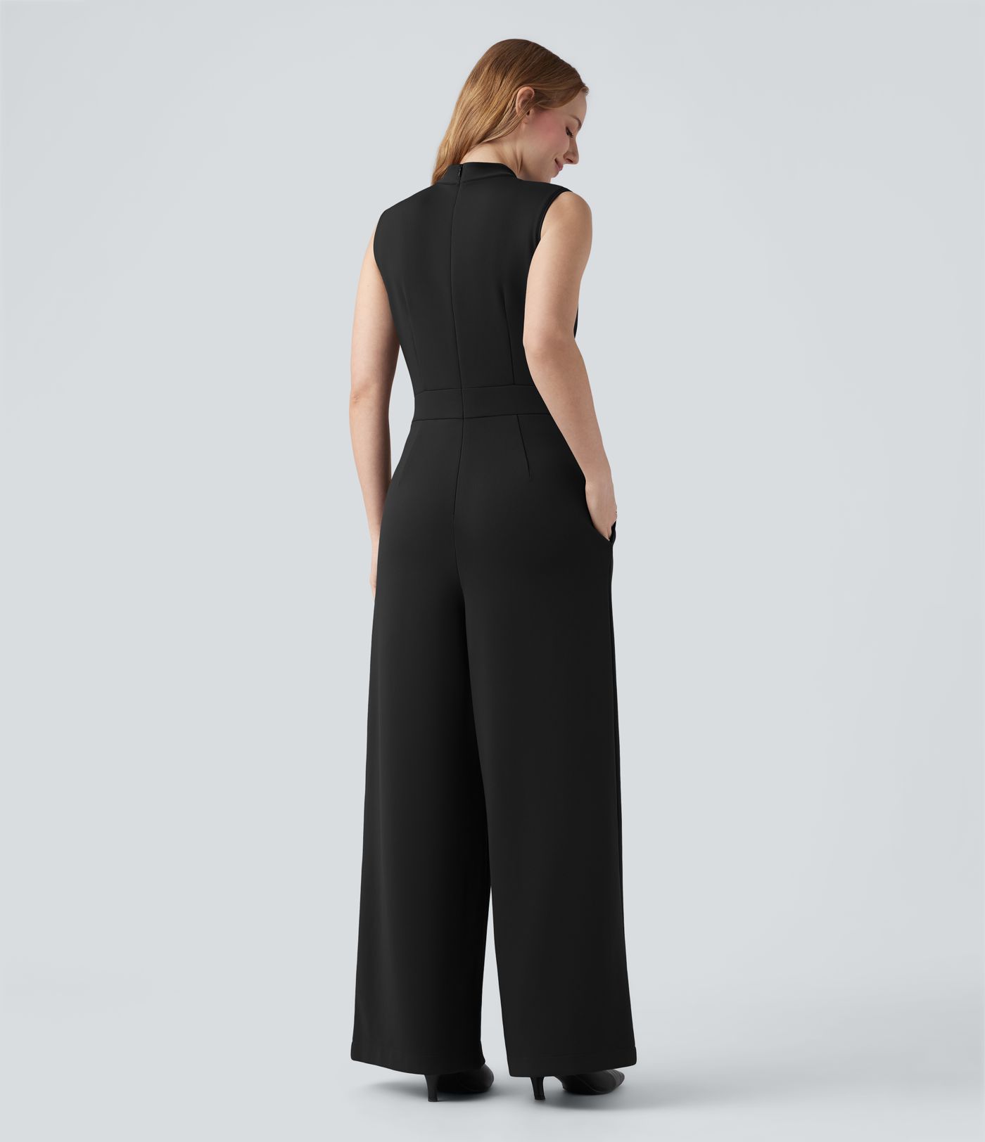 Mock-neck Zipper Sleeveless Work Wide Leg Jumpsuit with Pockets