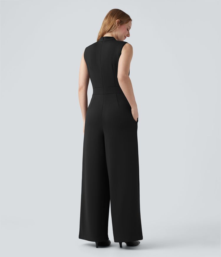 Mock-neck Zipper Sleeveless Work Wide Leg Jumpsuit with Pockets