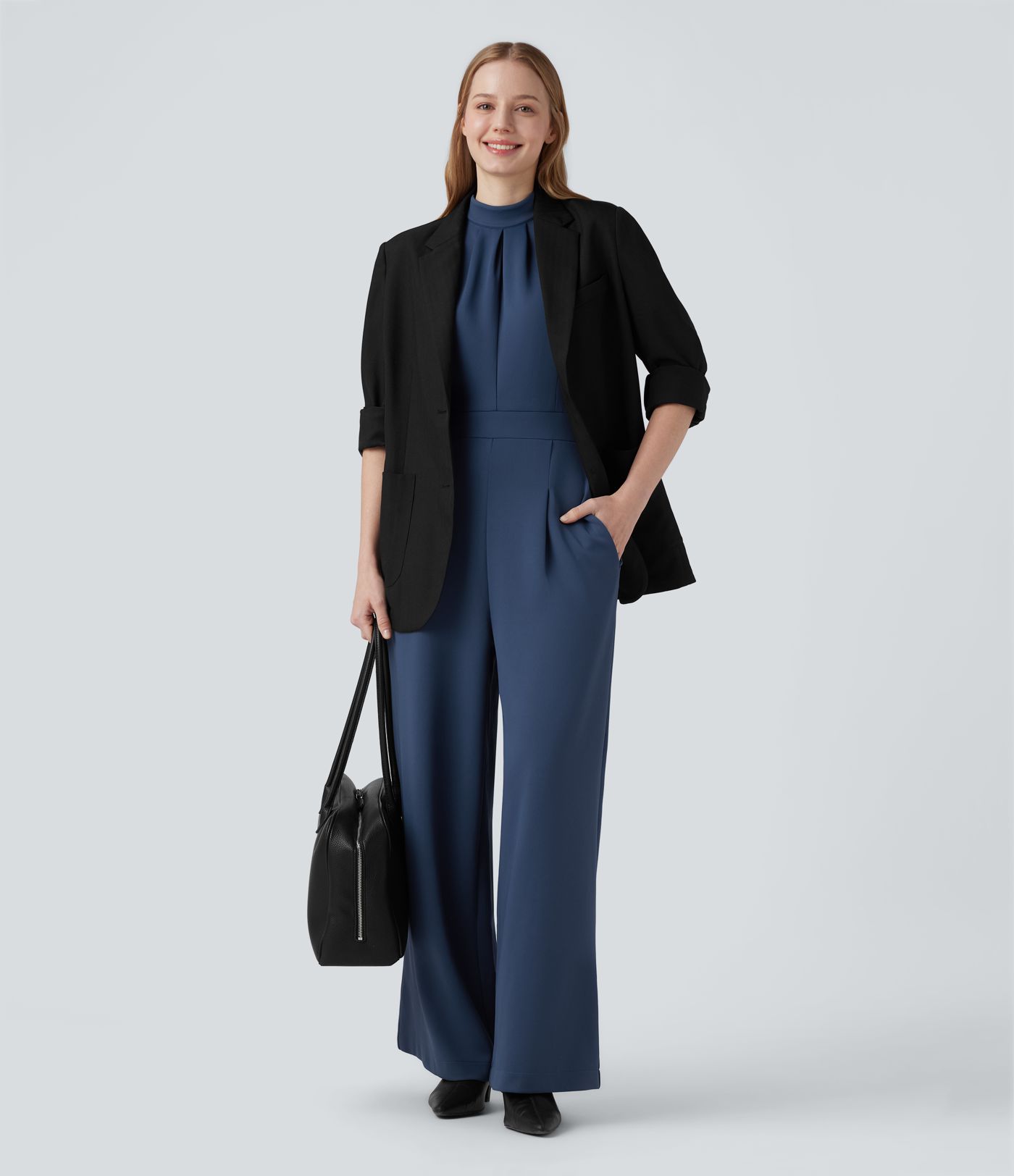Mock-neck Zipper Sleeveless Work Wide Leg Jumpsuit with Pockets