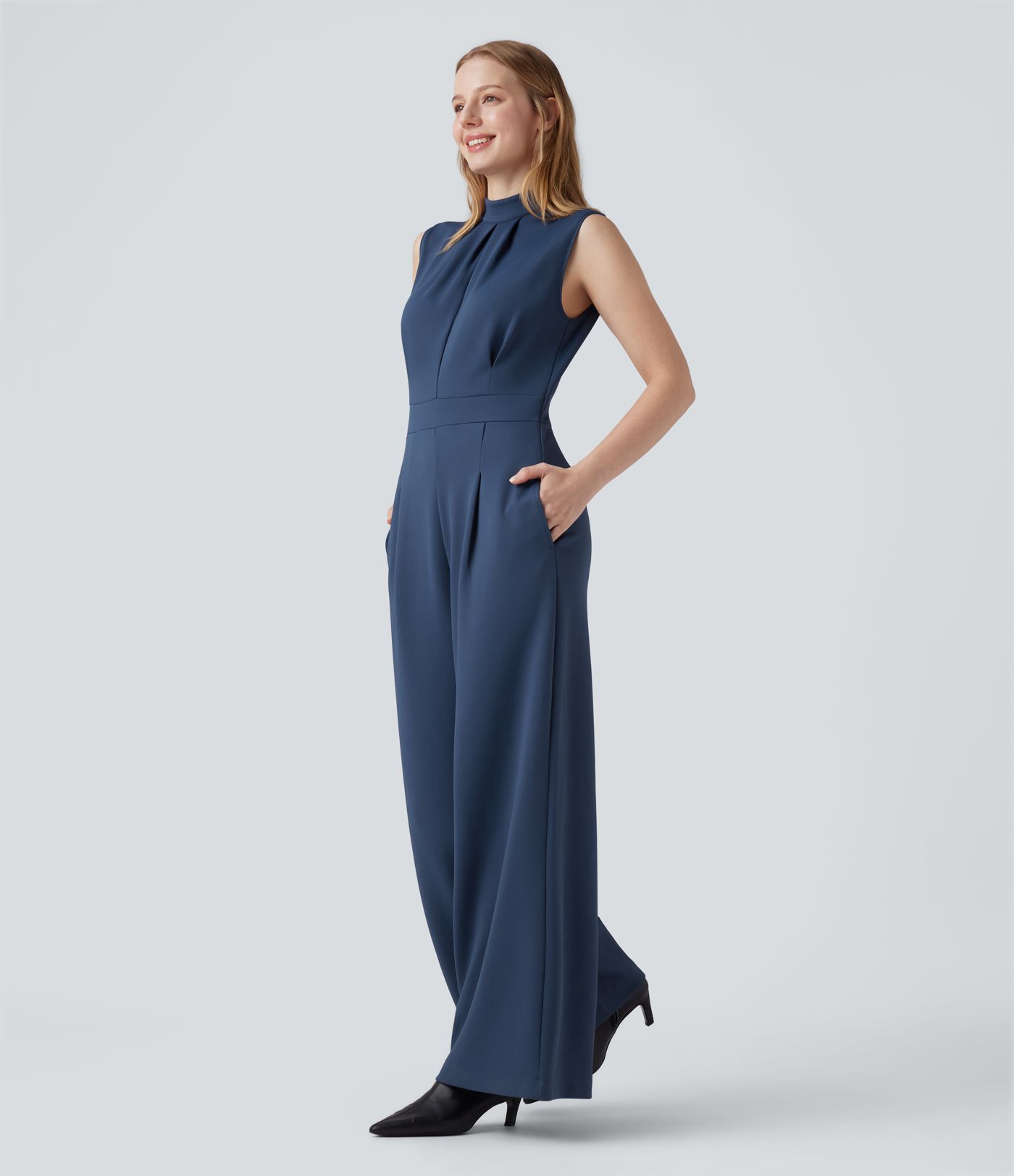 Mock-neck Zipper Sleeveless Work Wide Leg Jumpsuit with Pockets