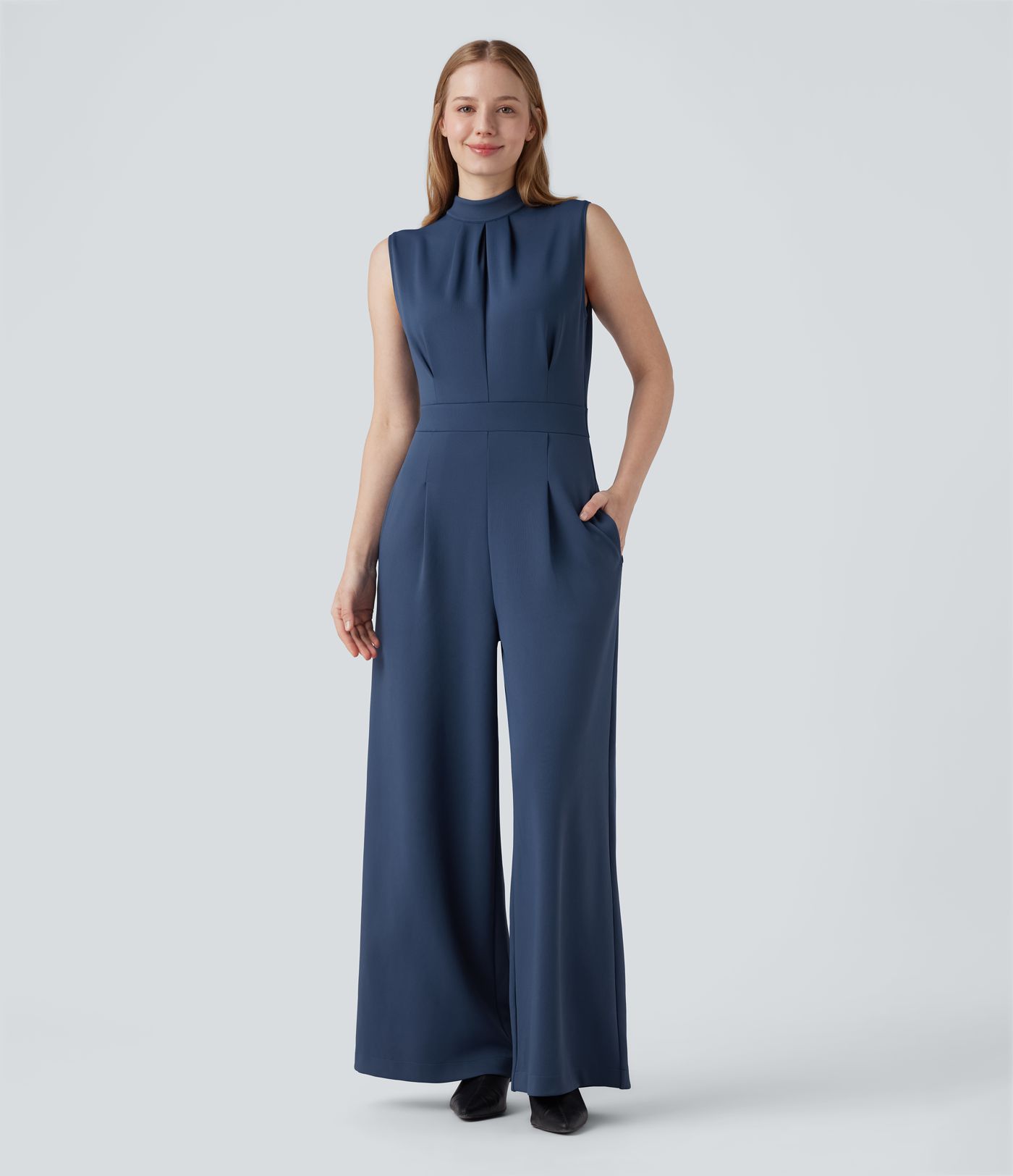 Mock-neck Zipper Sleeveless Work Wide Leg Jumpsuit with Pockets