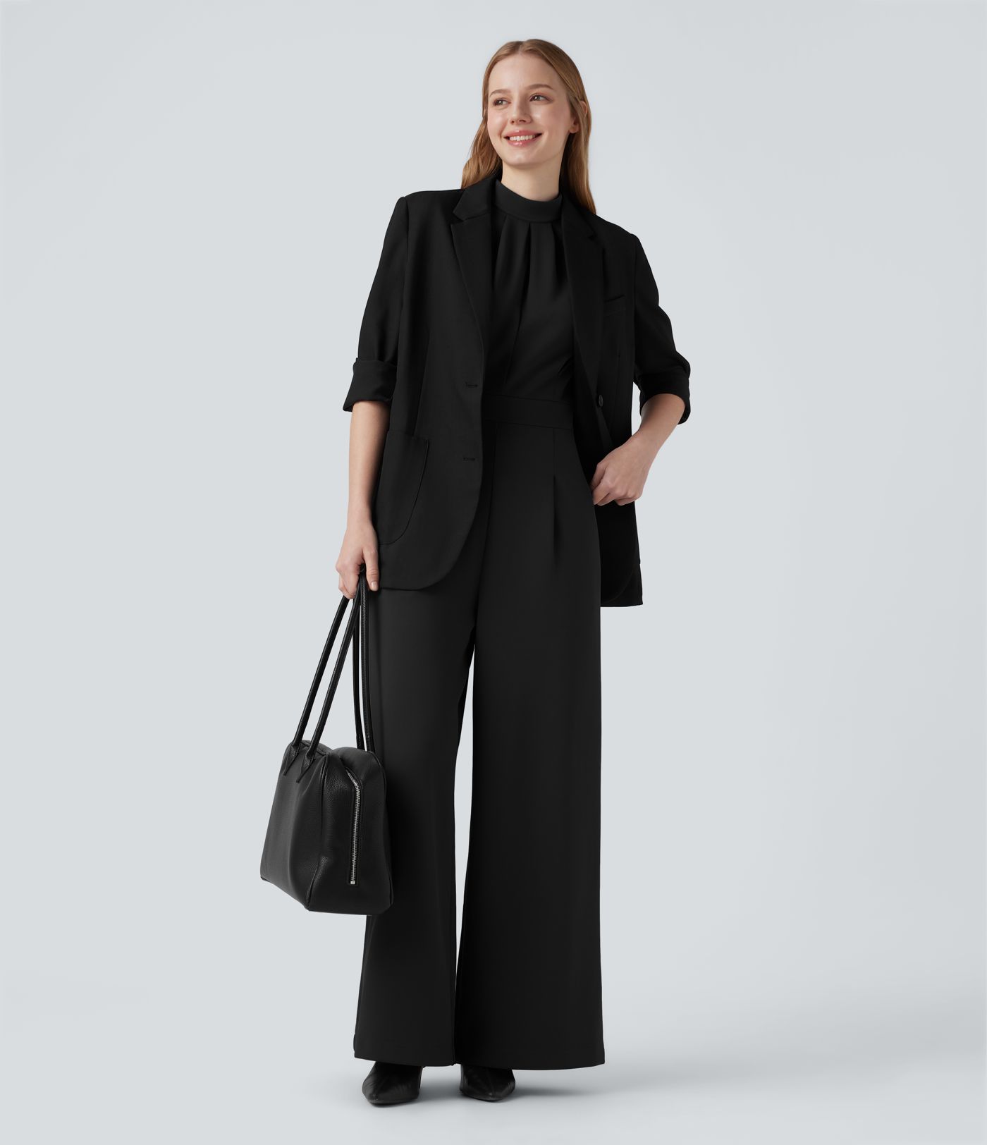 Mock-neck Zipper Sleeveless Work Wide Leg Jumpsuit with Pockets