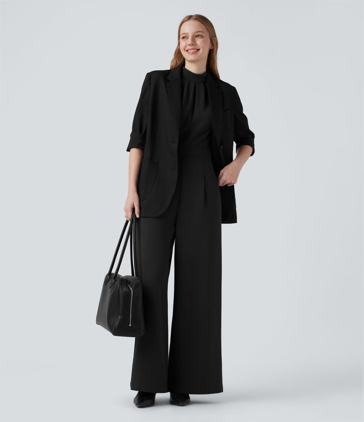 Mock-neck Zipper Sleeveless Work Wide Leg Jumpsuit with Pockets