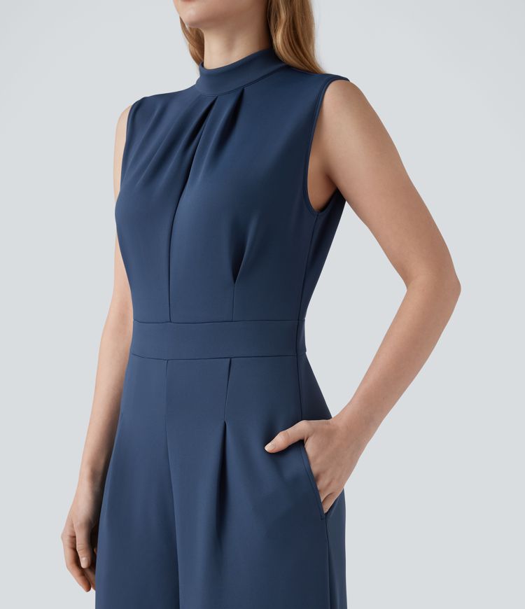 Mock-neck Zipper Sleeveless Work Wide Leg Jumpsuit with Pockets