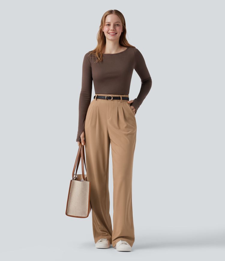 Halara Flex™ High Waisted Straight Leg Micro Waffle Work Trousers with Pockets