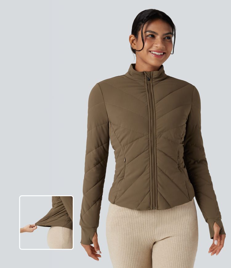 Stand Collar Long Sleeve Thumb Hole Casual Padded Jacket with Pockets