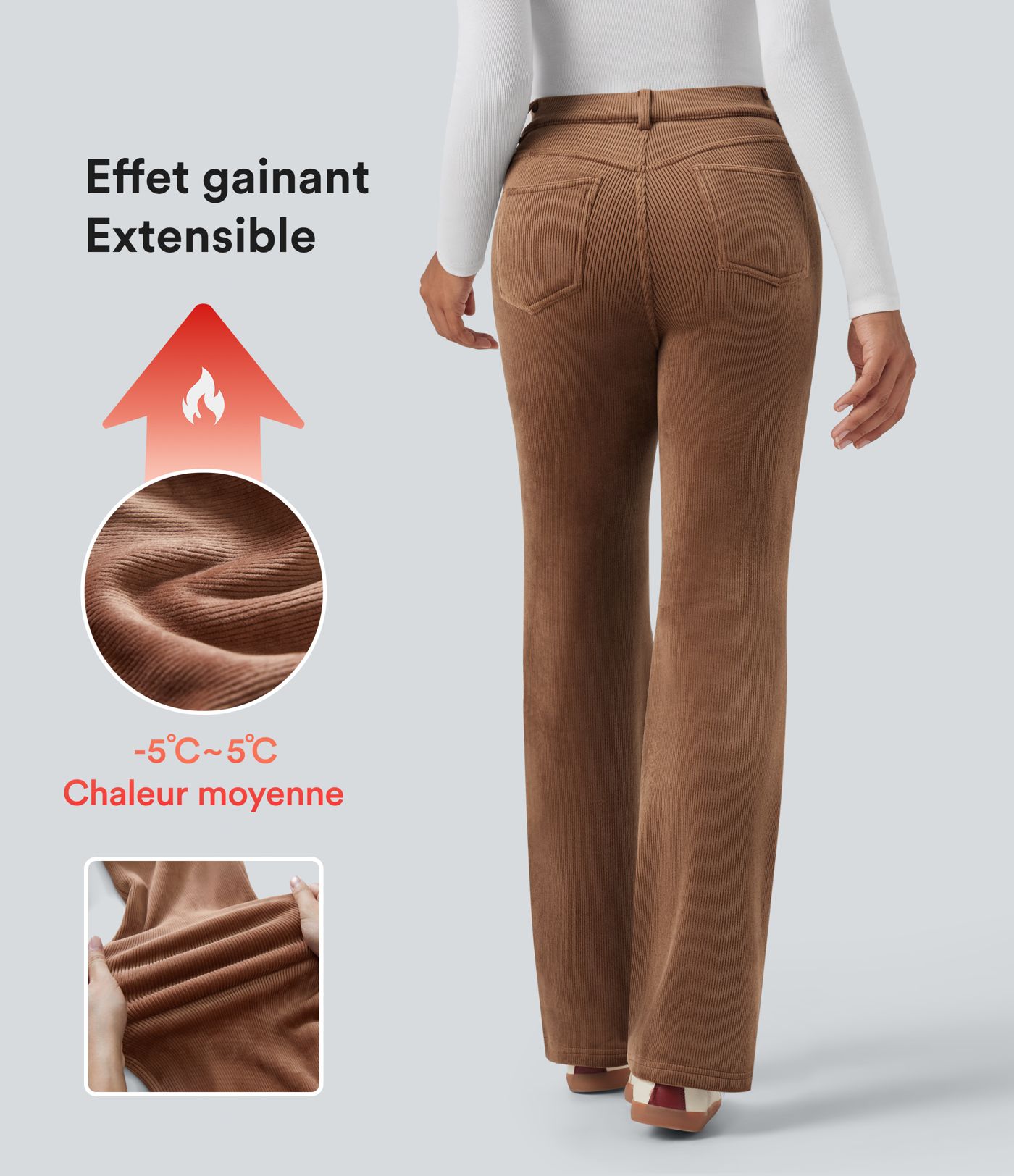 Pantalon évasé décontracté en velours côtelé molleton taille haute gainant avec poches