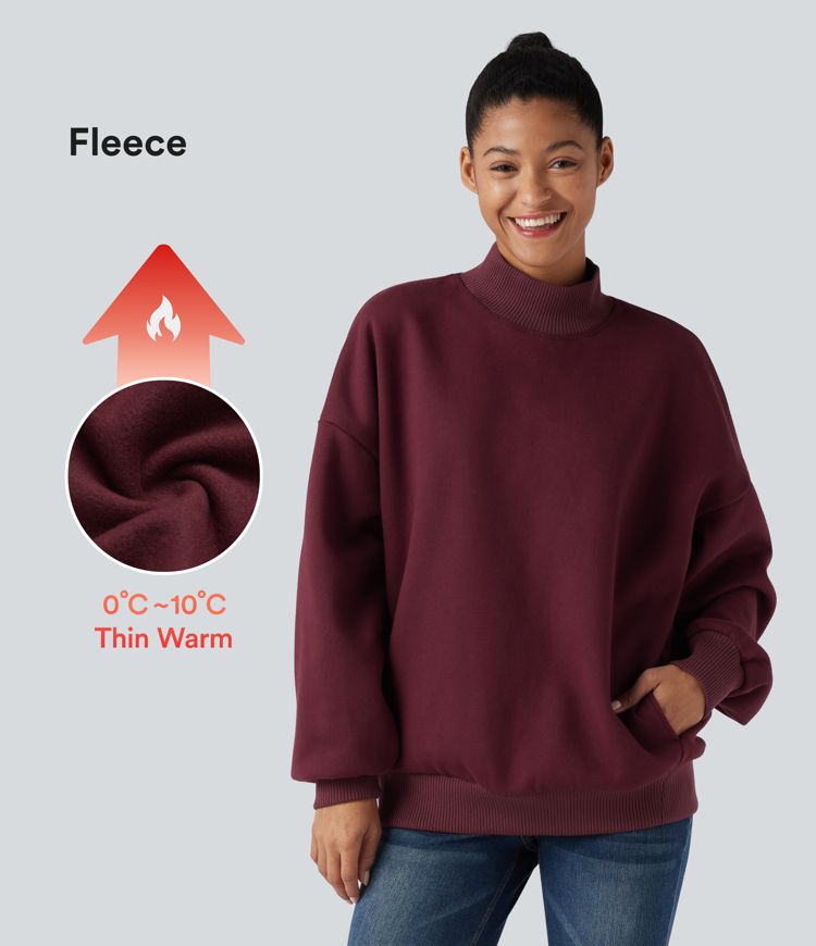 Mock-neck Fleece Relaxed Casual Cotton Sweatshirt with Pockets