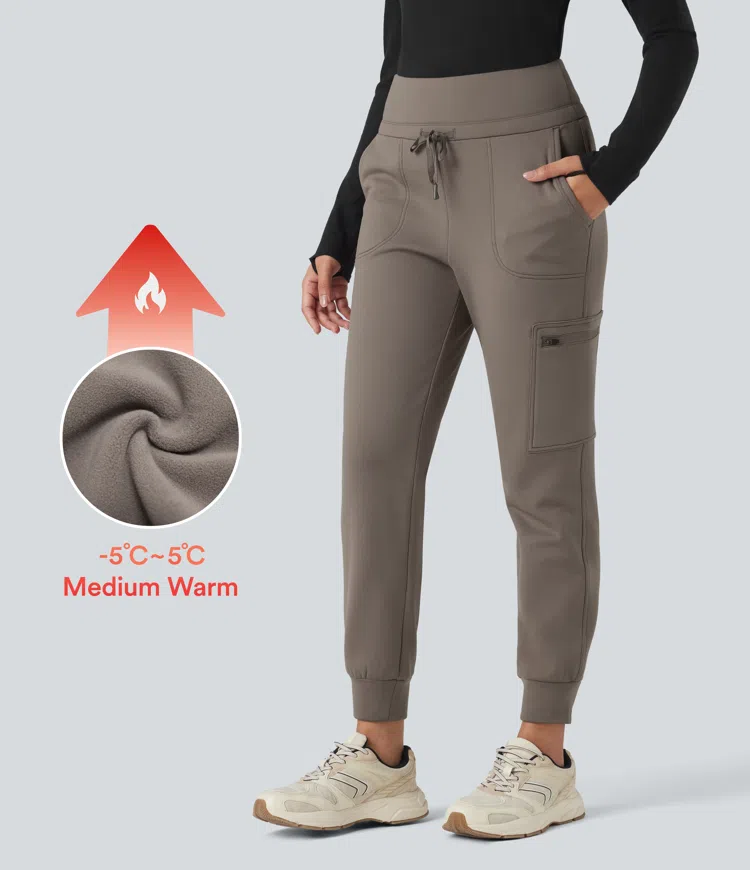 Walnut High Waisted Drawstring Tapered Fleece Hiking Joggers with Pockets / 1