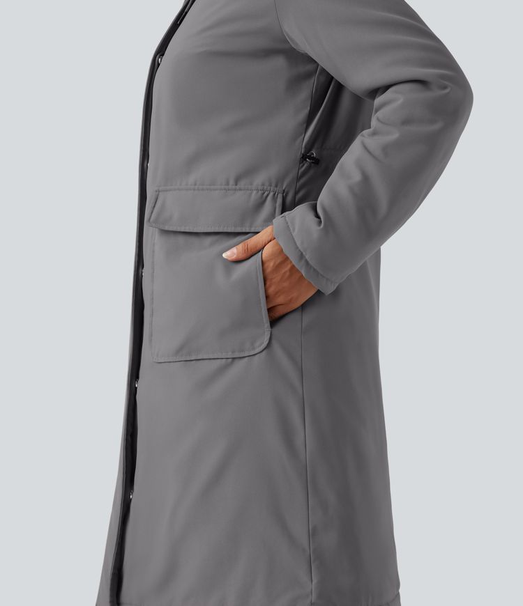 Chaqueta acolchada larga de estilo casual, repelente al agua, con capucha y cordón, mangas largas y bolsillos