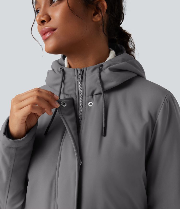 Chaqueta acolchada larga de estilo casual, repelente al agua, con capucha y cordón, mangas largas y bolsillos
