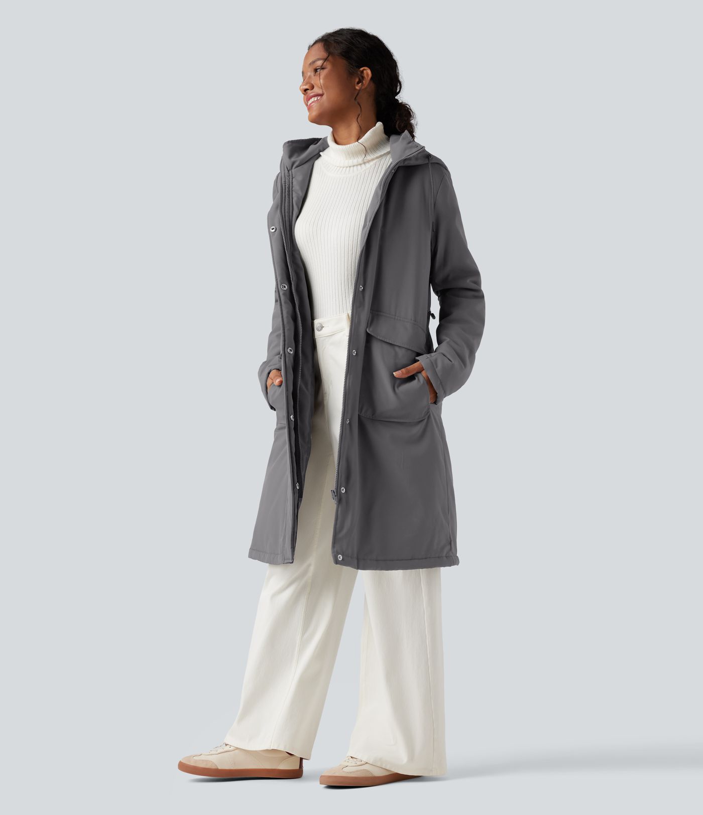 Chaqueta acolchada larga de estilo casual, repelente al agua, con capucha y cordón, mangas largas y bolsillos