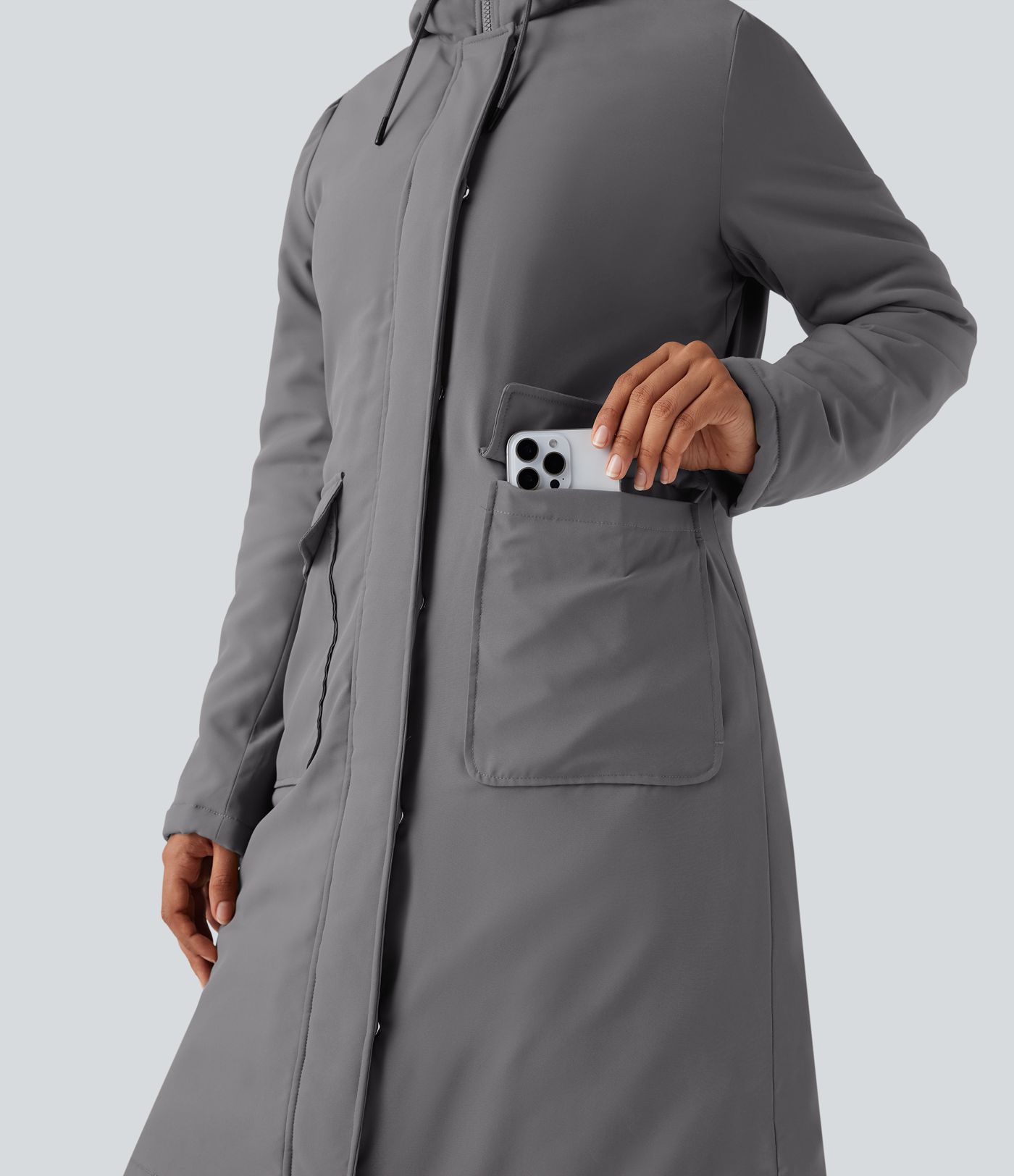 Chaqueta acolchada larga de estilo casual, repelente al agua, con capucha y cordón, mangas largas y bolsillos