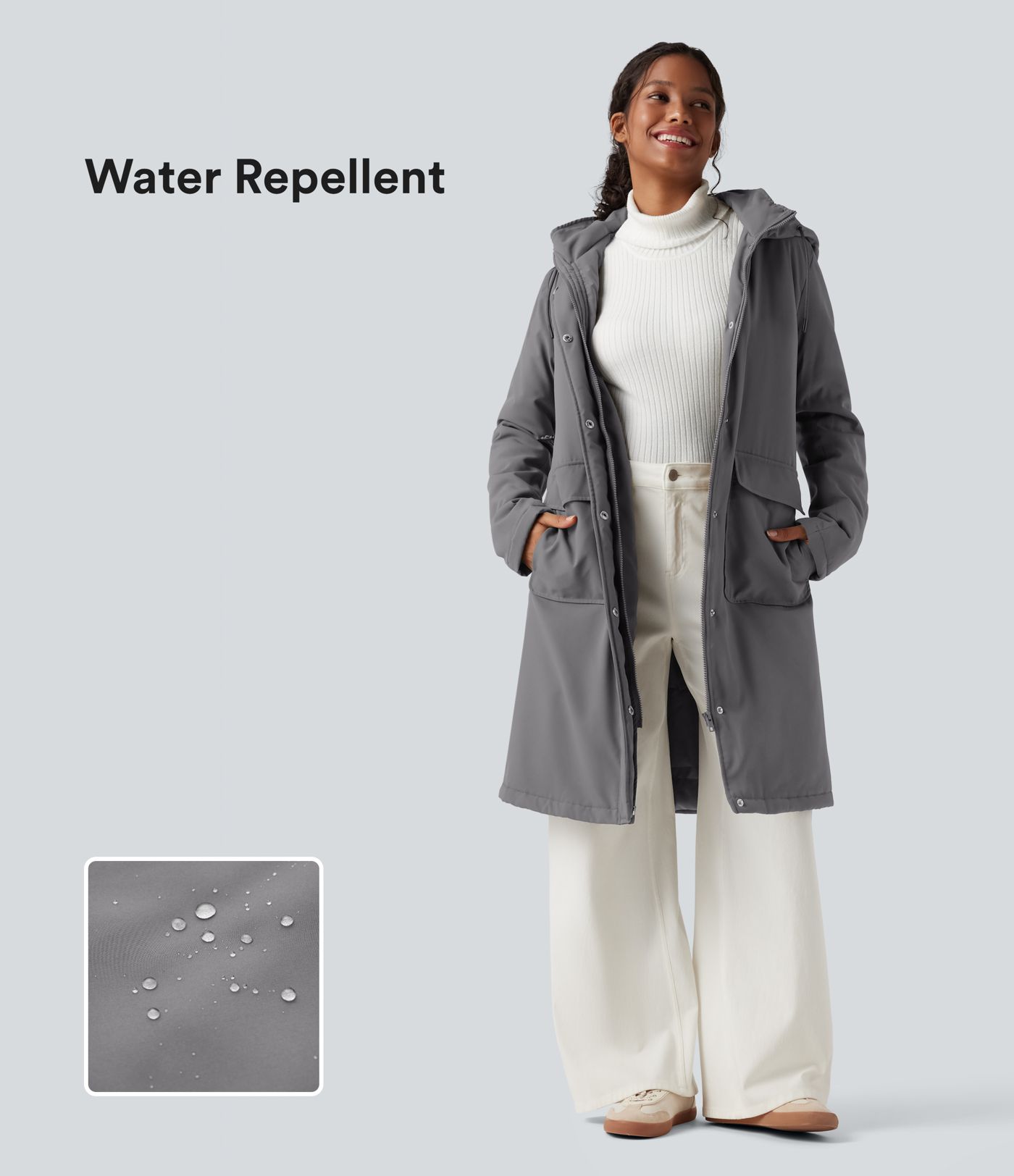 Veste matelassée longue déperlante avec capuche et cordon, manches longues, style décontracté, avec poches