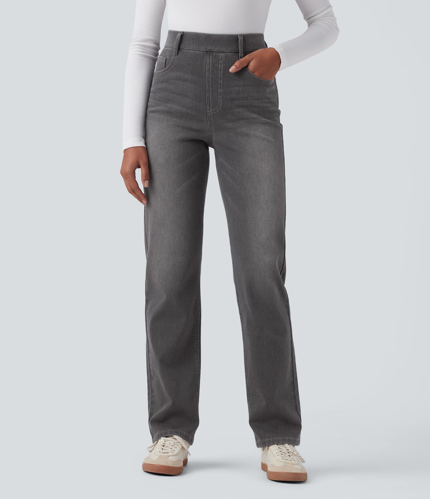 Halara Flex™ High Waisted Tummy Control Pockets Straight Leg Washed Casual Jeans