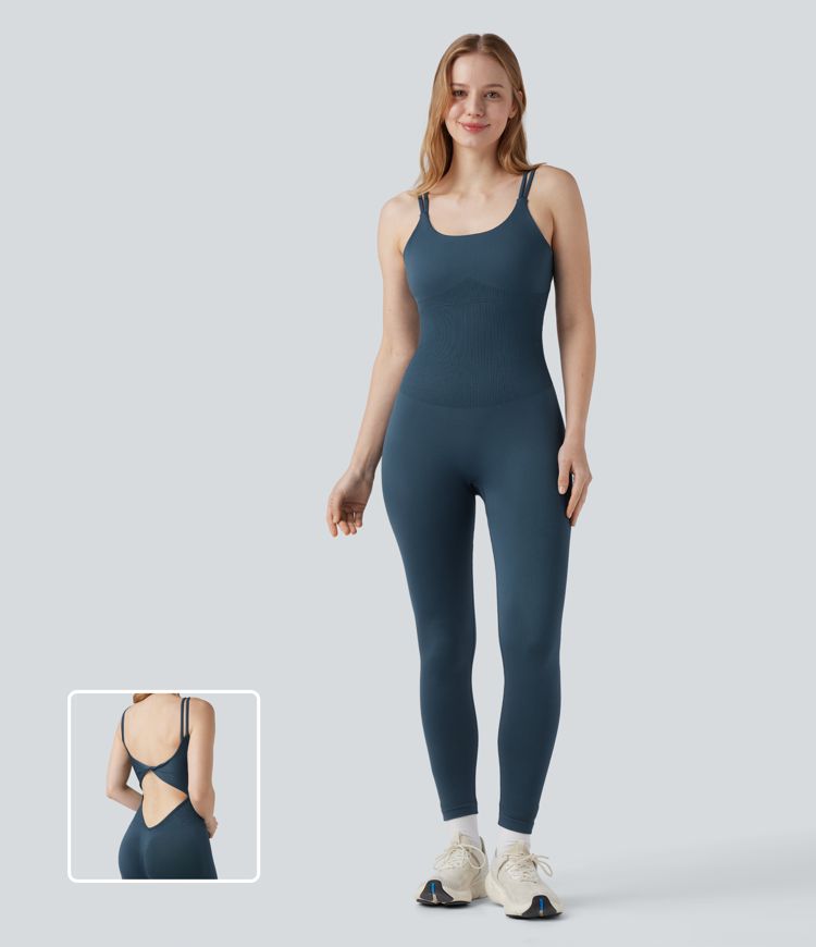 Seamless Flow Twisted Backless Built-in Bra Skinny Workout Slip Jumpsuit