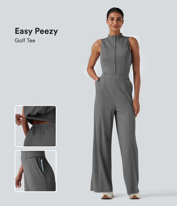 Mock Neck Sleeveless Half Zip Quick Dry Golf Jumpsuit with Pockets-Easy Peezy Edition-UPF40+