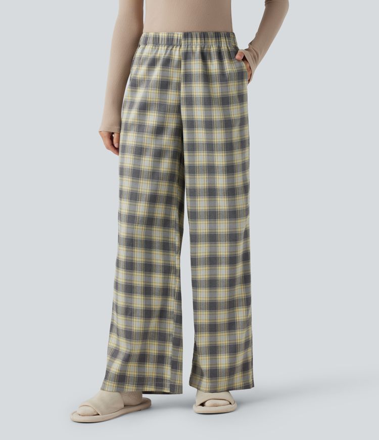 High Waisted Plaid Baggy Lounge Trousers with Pockets