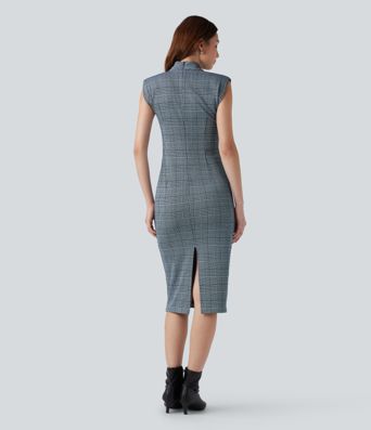 High Neck Sleeveless Bodycon Houndstooth Plaid Midi Work Dress