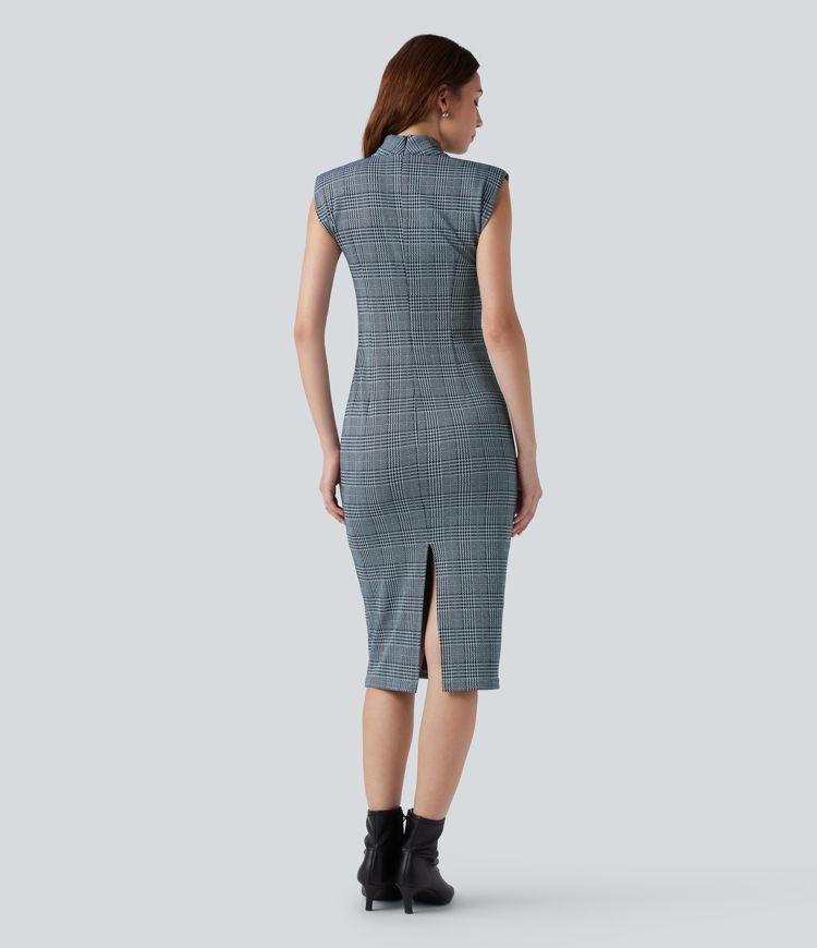 High Neck Sleeveless Bodycon Houndstooth Plaid Midi Work Dress