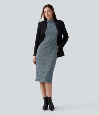 High Neck Sleeveless Bodycon Houndstooth Plaid Midi Work Dress
