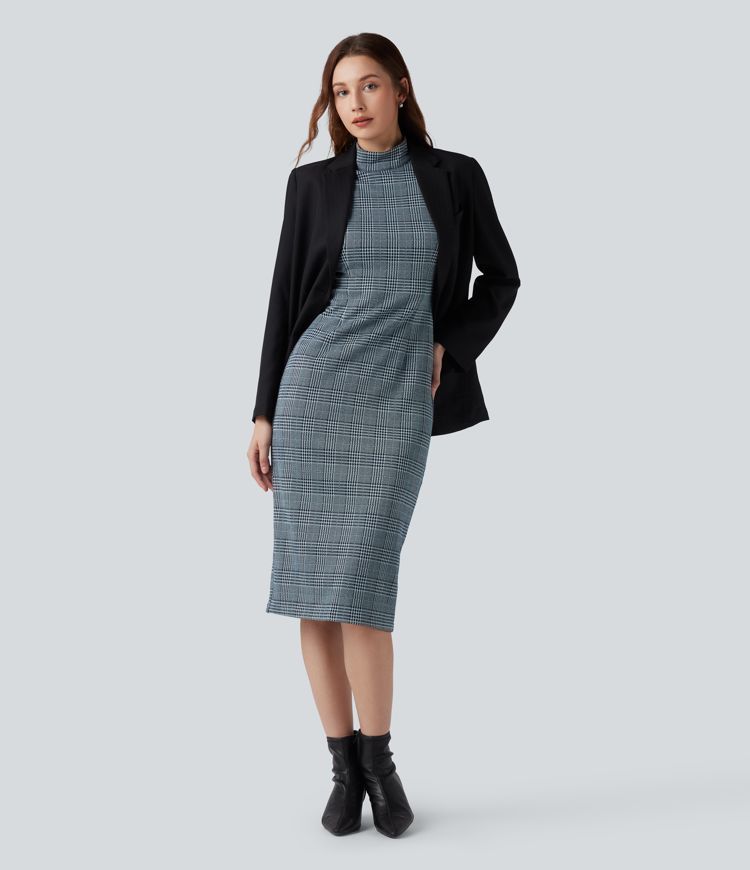 High Neck Sleeveless Bodycon Houndstooth Plaid Midi Work Dress