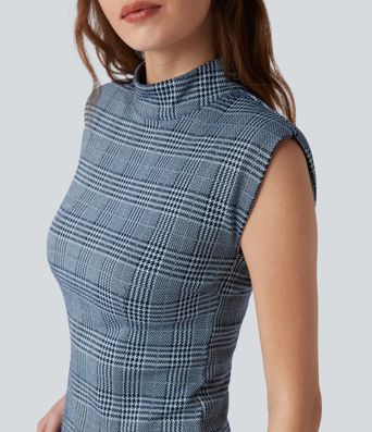 High Neck Sleeveless Bodycon Houndstooth Plaid Midi Work Dress