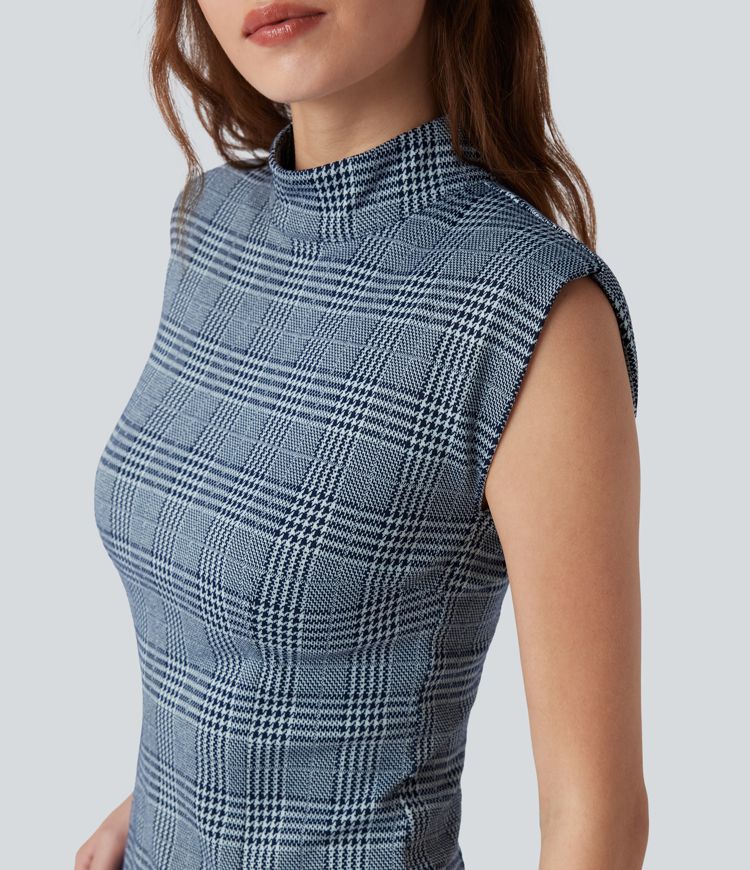 High Neck Sleeveless Bodycon Houndstooth Plaid Midi Work Dress