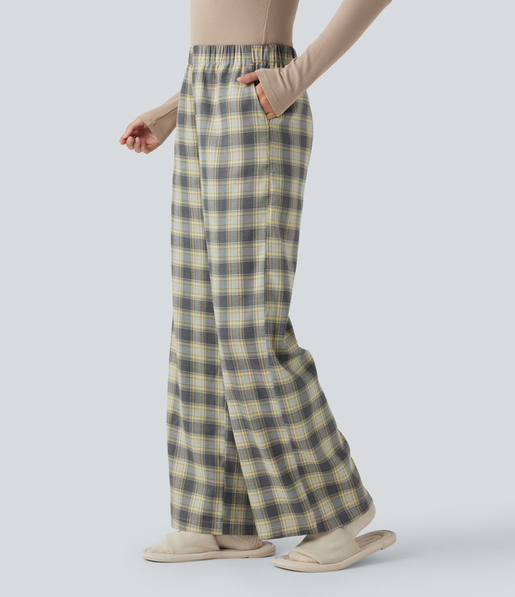 High Waisted Plaid Baggy Lounge Trousers with Pockets