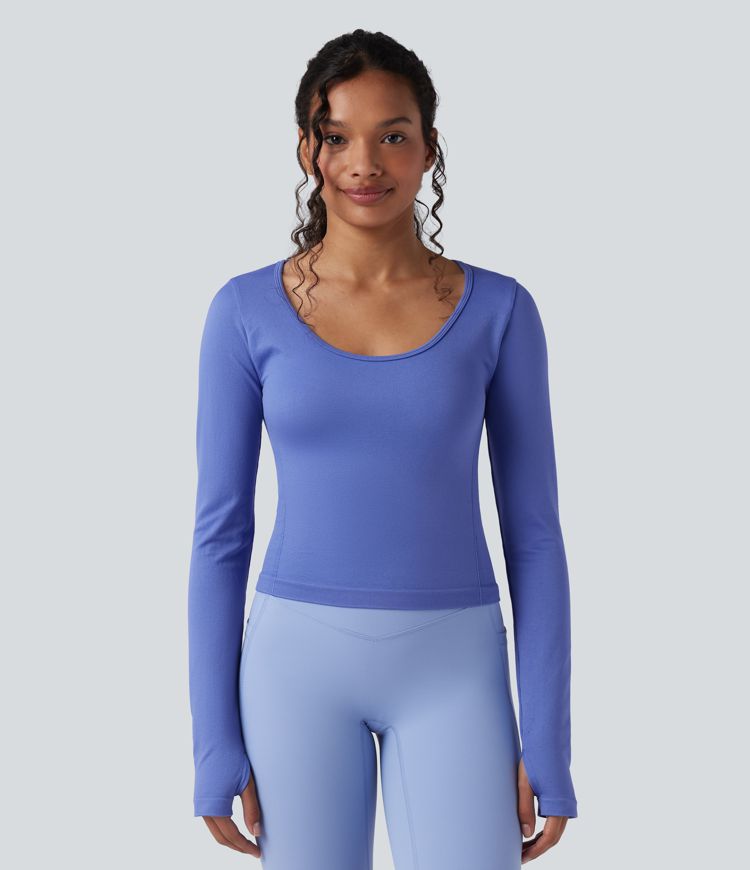 Seamless Flow Scoop Neck Long Sleeve Thumb Holes Yoga Sports Top