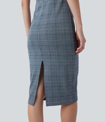 High Neck Sleeveless Bodycon Houndstooth Plaid Midi Work Dress