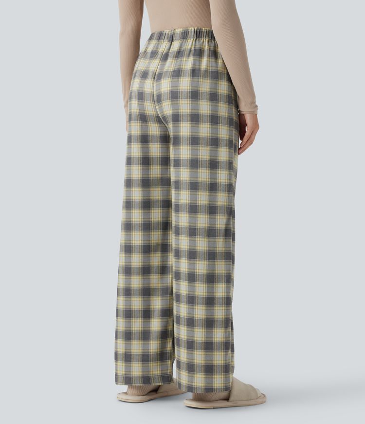 High Waisted Plaid Baggy Lounge Trousers with Pockets