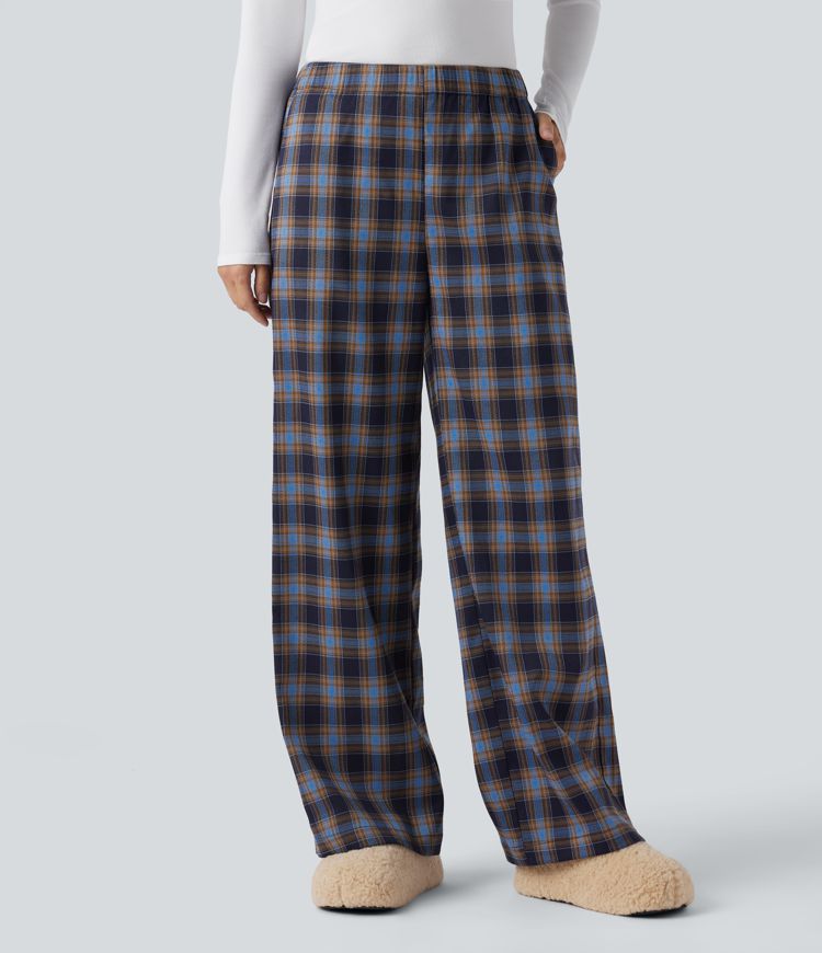 High Waisted Plaid Baggy Lounge Pants with Pockets
