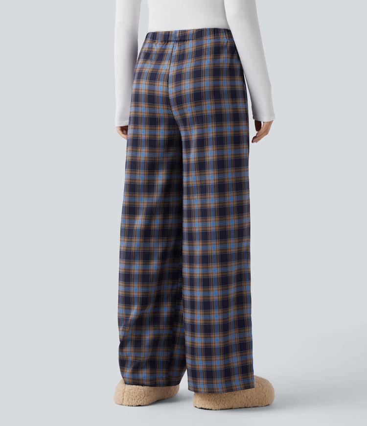 High Waisted Plaid Baggy Lounge Pants with Pockets