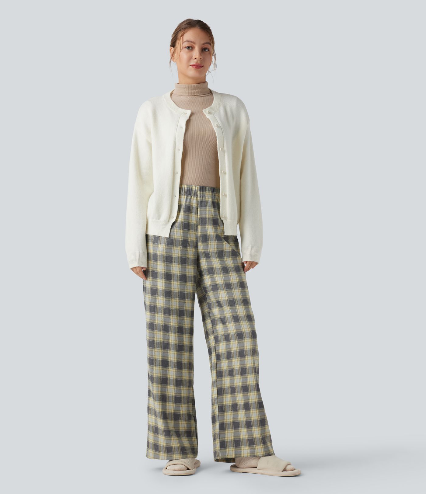 High Waisted Plaid Baggy Lounge Pants with Pockets