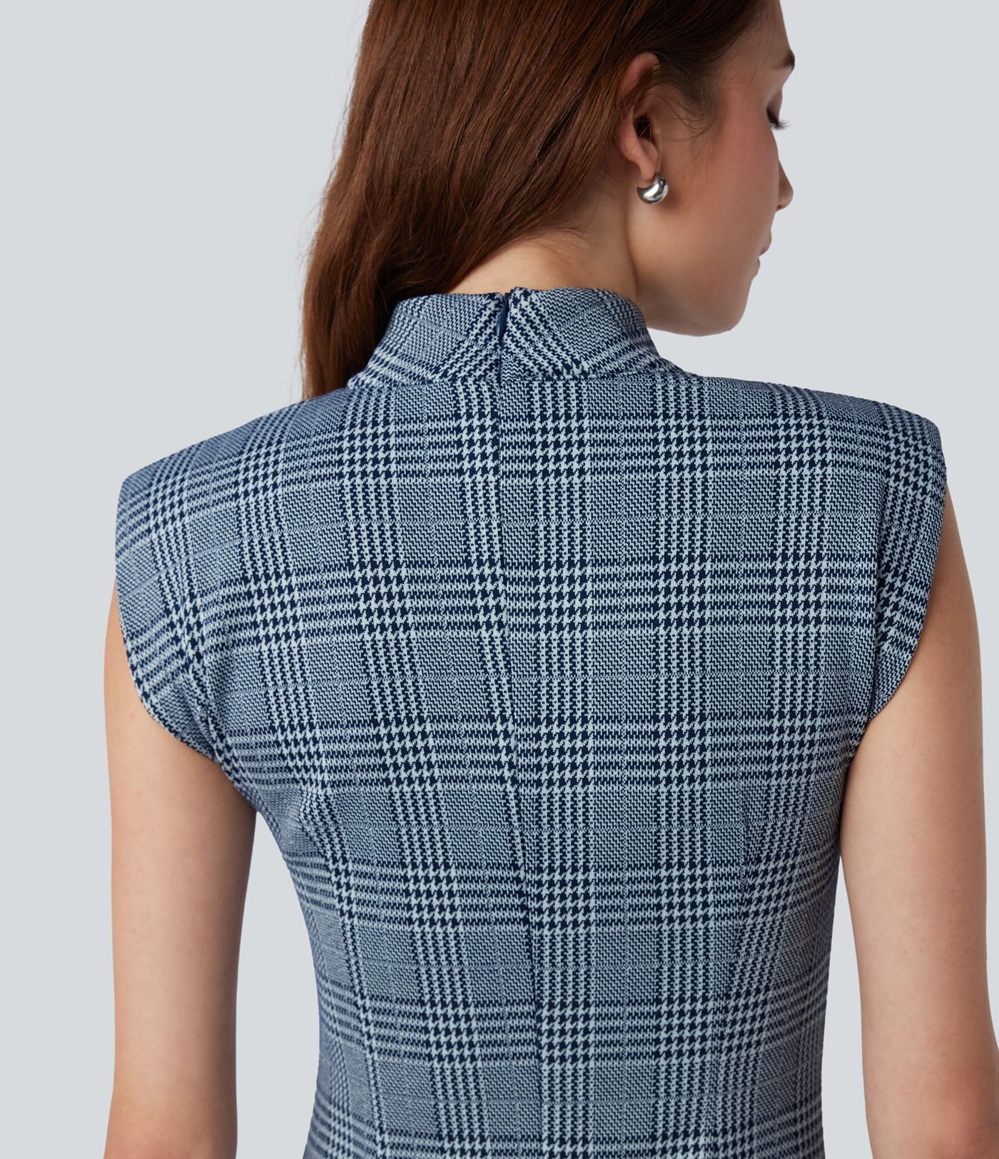 High Neck Sleeveless Bodycon Houndstooth Plaid Midi Work Dress