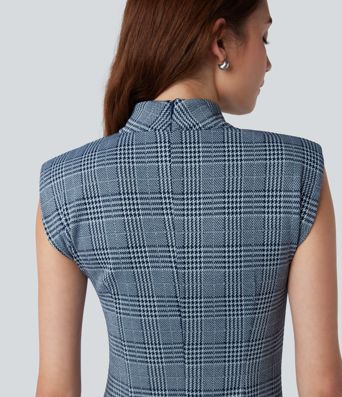 High Neck Sleeveless Bodycon Houndstooth Plaid Midi Work Dress