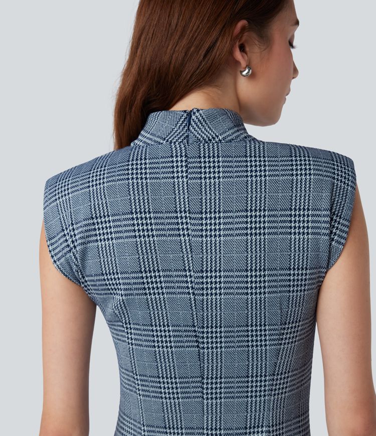 High Neck Sleeveless Bodycon Houndstooth Plaid Midi Work Dress