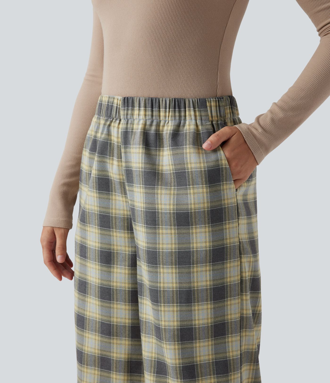 High Waisted Plaid Baggy Lounge Pants with Pockets