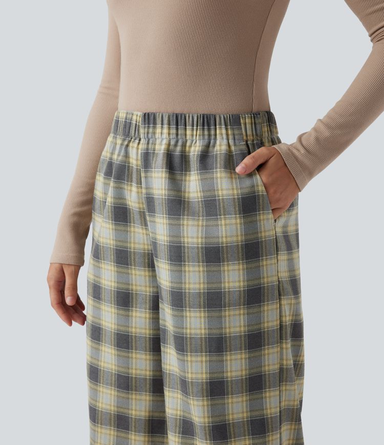 High Waisted Plaid Baggy Lounge Trousers with Pockets