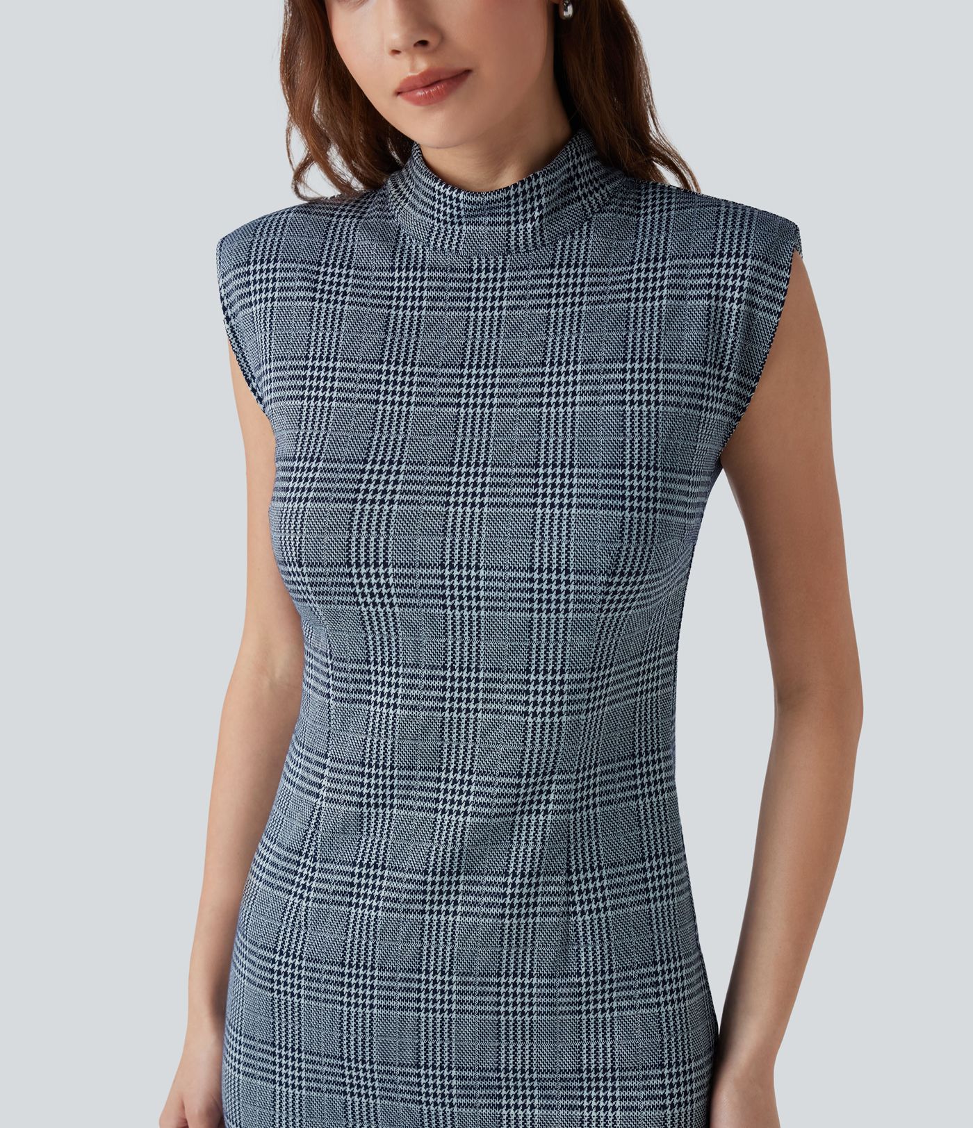 High Neck Sleeveless Bodycon Houndstooth Plaid Midi Work Dress