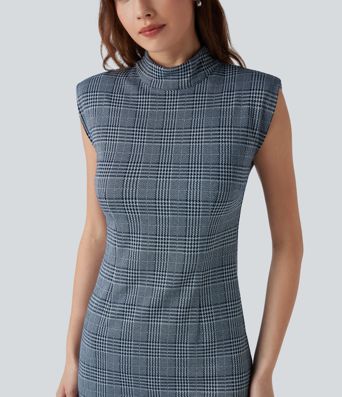 High Neck Sleeveless Bodycon Houndstooth Plaid Midi Work Dress