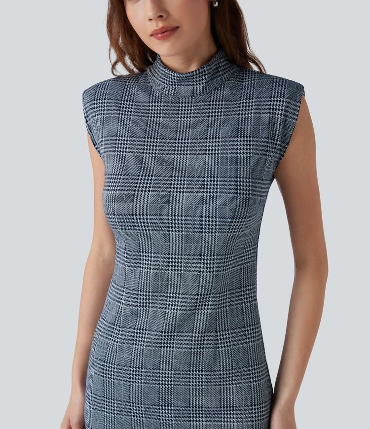 High Neck Sleeveless Bodycon Houndstooth Plaid Midi Work Dress