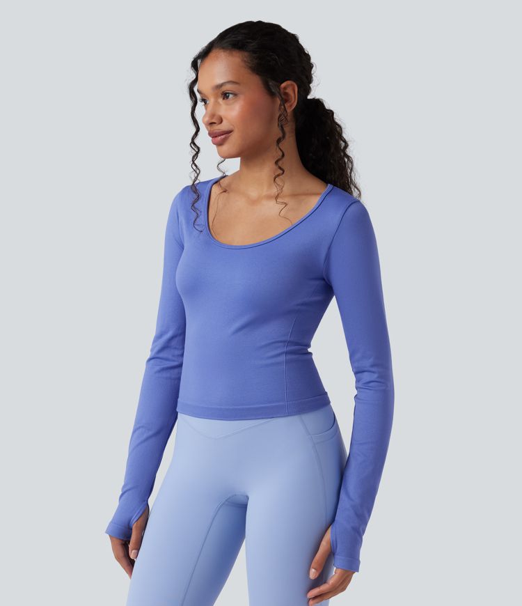 Seamless Flow Scoop Neck Long Sleeve Thumb Holes Yoga Sports Top