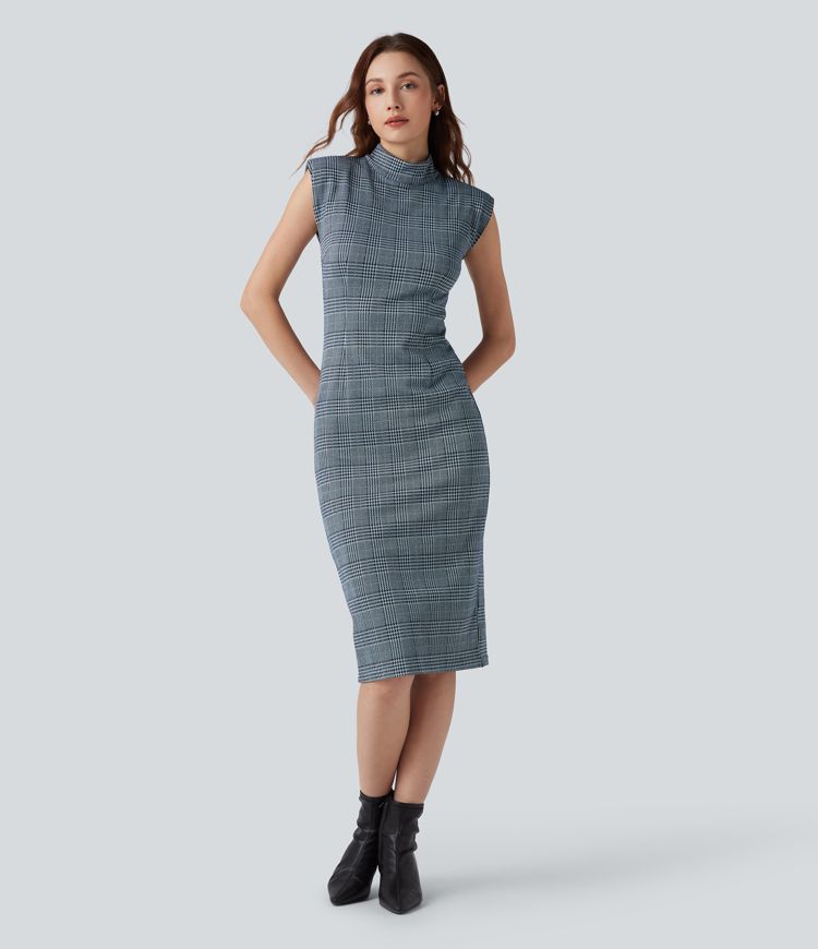 High Neck Sleeveless Bodycon Houndstooth Plaid Midi Work Dress
