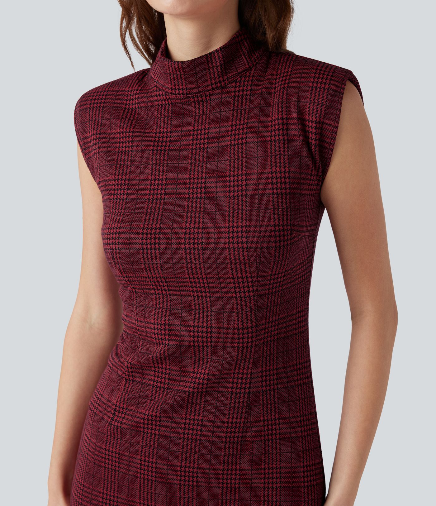 High Neck Sleeveless Bodycon Houndstooth Plaid Midi Work Dress