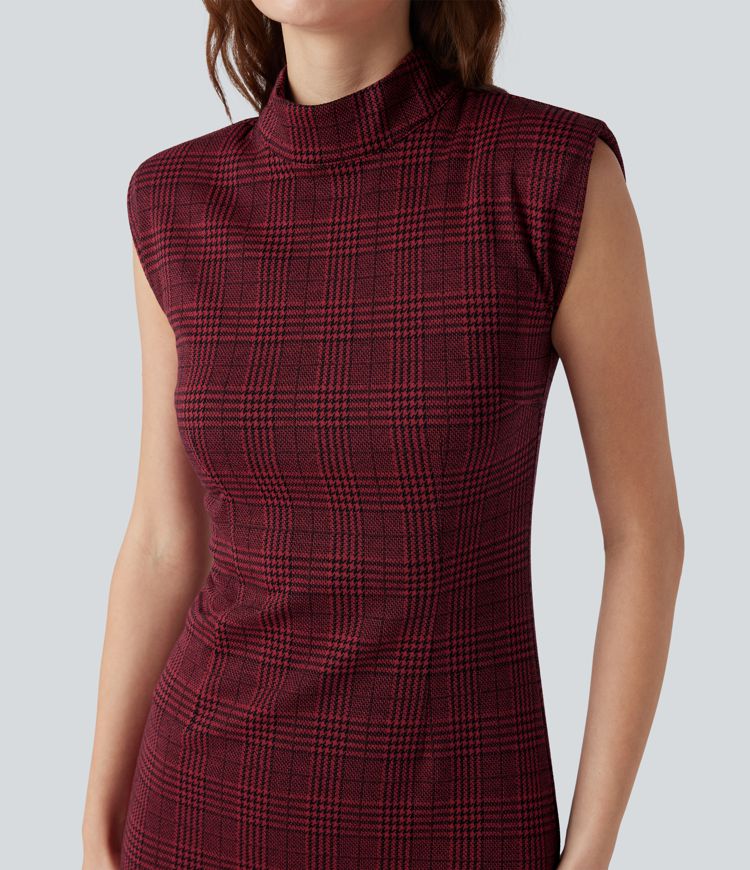 High Neck Sleeveless Bodycon Houndstooth Plaid Midi Work Dress